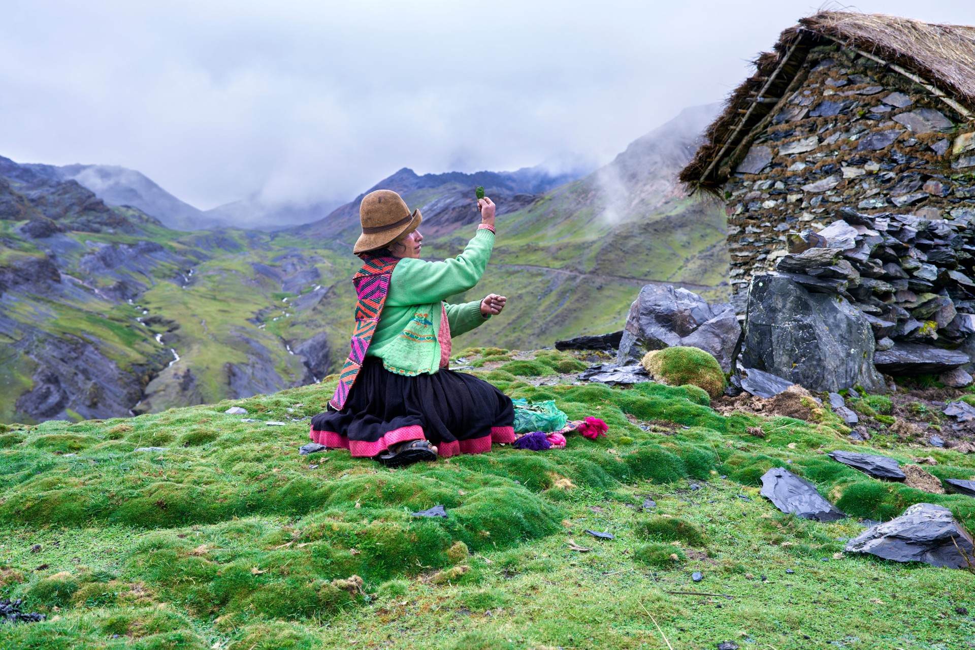 Quechua woman of the Quero ethnic group in the Andean mountains of Peru performing a ritual offering coca leaves to the gods in  her home