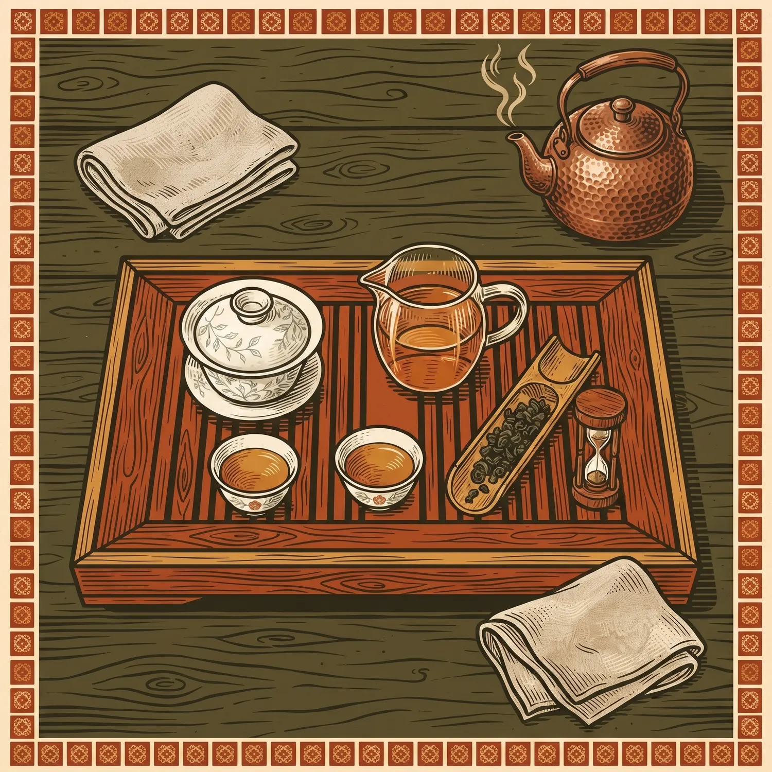 Grabado: la mesa del maestro — bandeja, gaiwan, chahai, tazas, cuchara, reloj de arena y hervidor